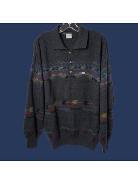 Lasa Vtg  Mens Button-Up Knit Sweater Geometric Design Gray Multicolor Size 48